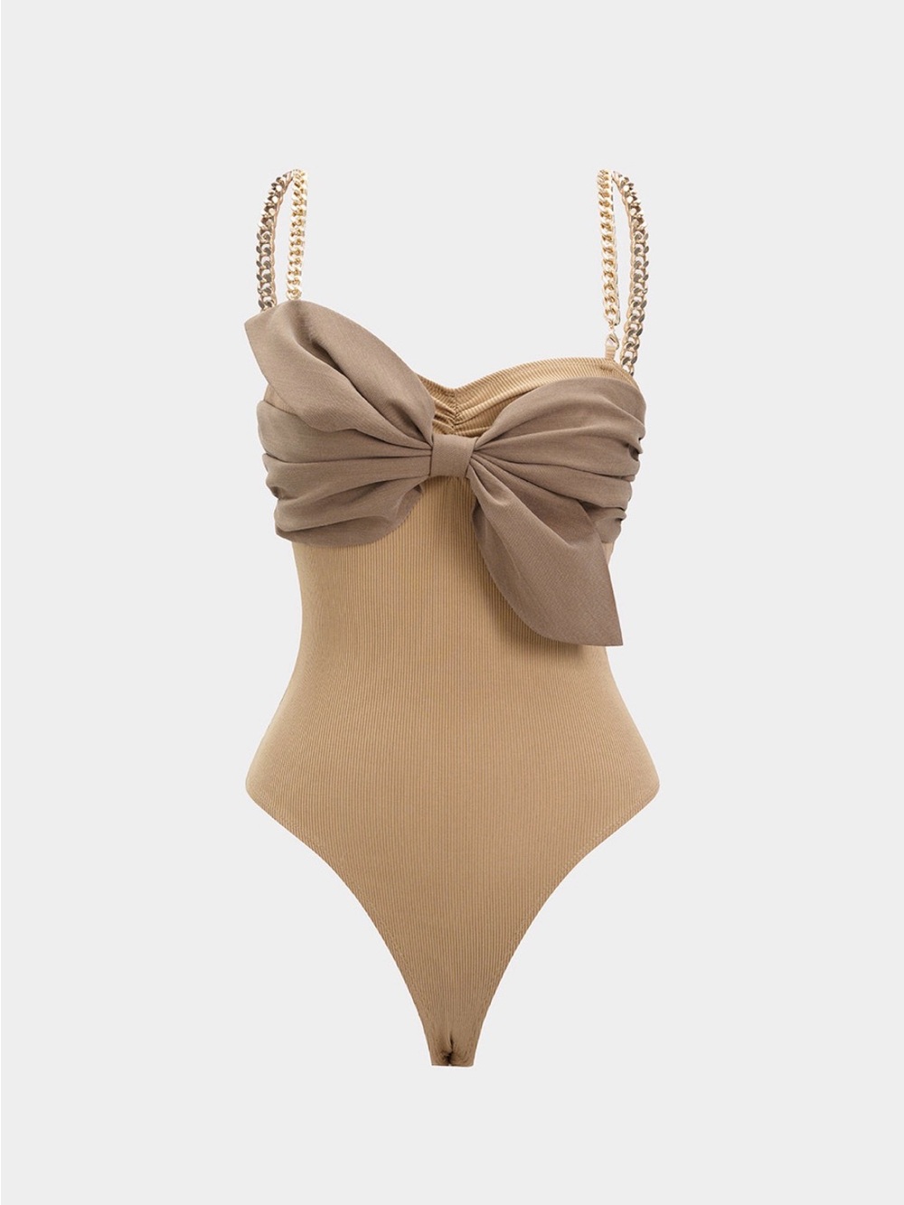 Beige Ribbed Bow-Front Bodysuit with Chain Straps